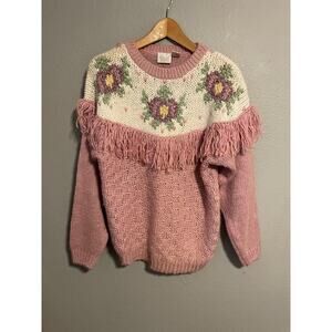 Vintage Needles & Yarn Sweater Womens Small Pink Fringe Floral Yoke Knit Granny